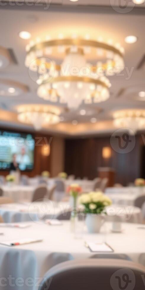 Elegant event space with chandeliers and floral arrangements in a conference room setting during a business gathering photo