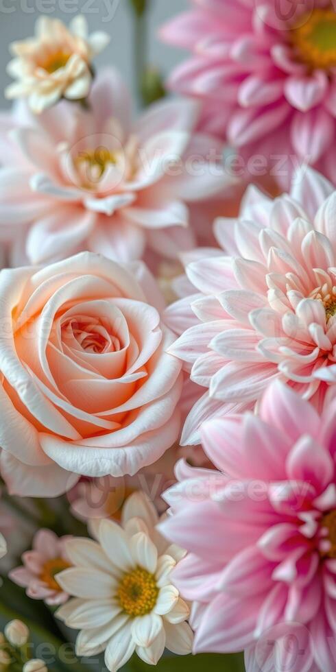 Colorful bouquet of roses and daisies arranged artfully in a soft palette for a spring celebration indoors photo