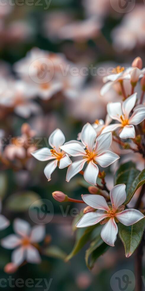 Beautiful white flowers blooming in a garden during springtime with soft bokeh background photo
