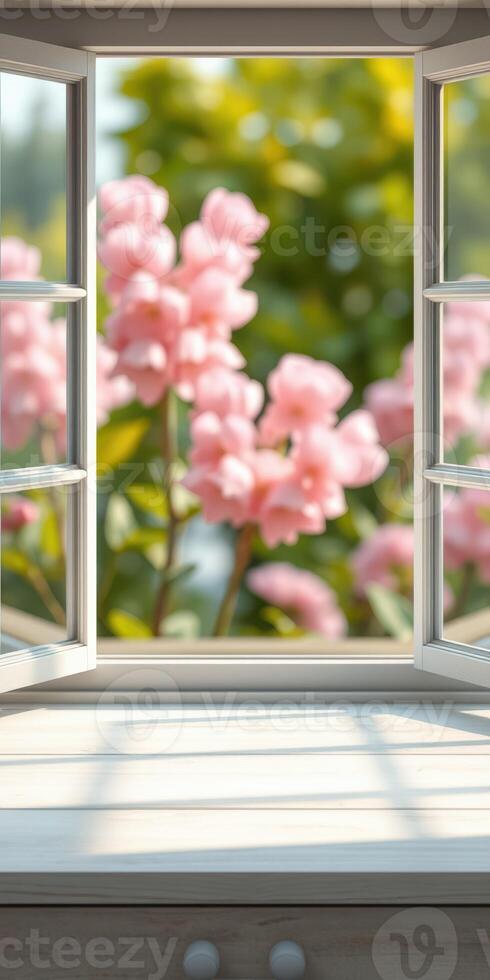 Beautiful spring flowers frame a bright window view during midday in a serene garden photo