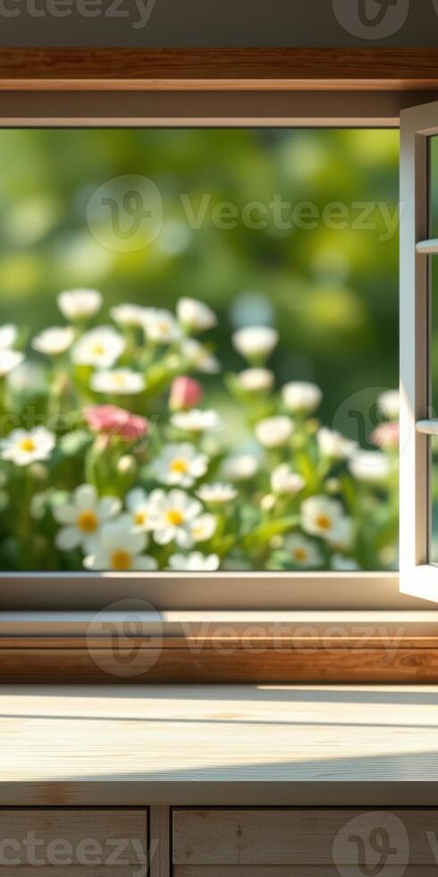 Blooming flowers seen through an open window on a sunny afternoon in a serene garden setting photo