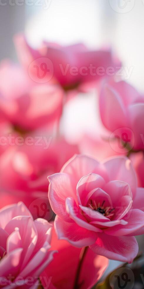 Beauty of blooming pink roses in soft sunlight creating a serene atmosphere in a garden setting photo