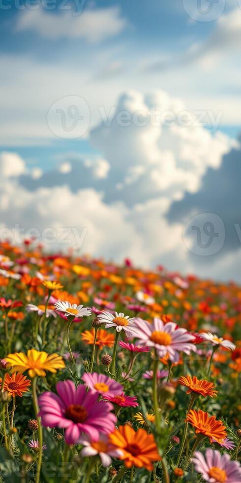 Colorful flowers bloom in a vibrant meadow under a blue sky with puffy white clouds during a sunny afternoon photo