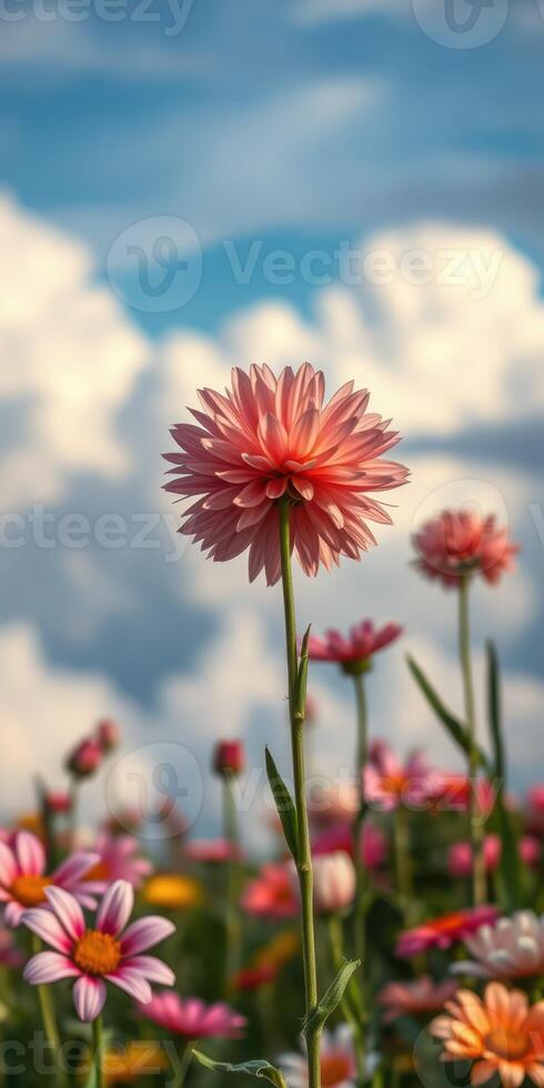 Colorful flowers bloom in a vibrant field under a bright sky during midday photo
