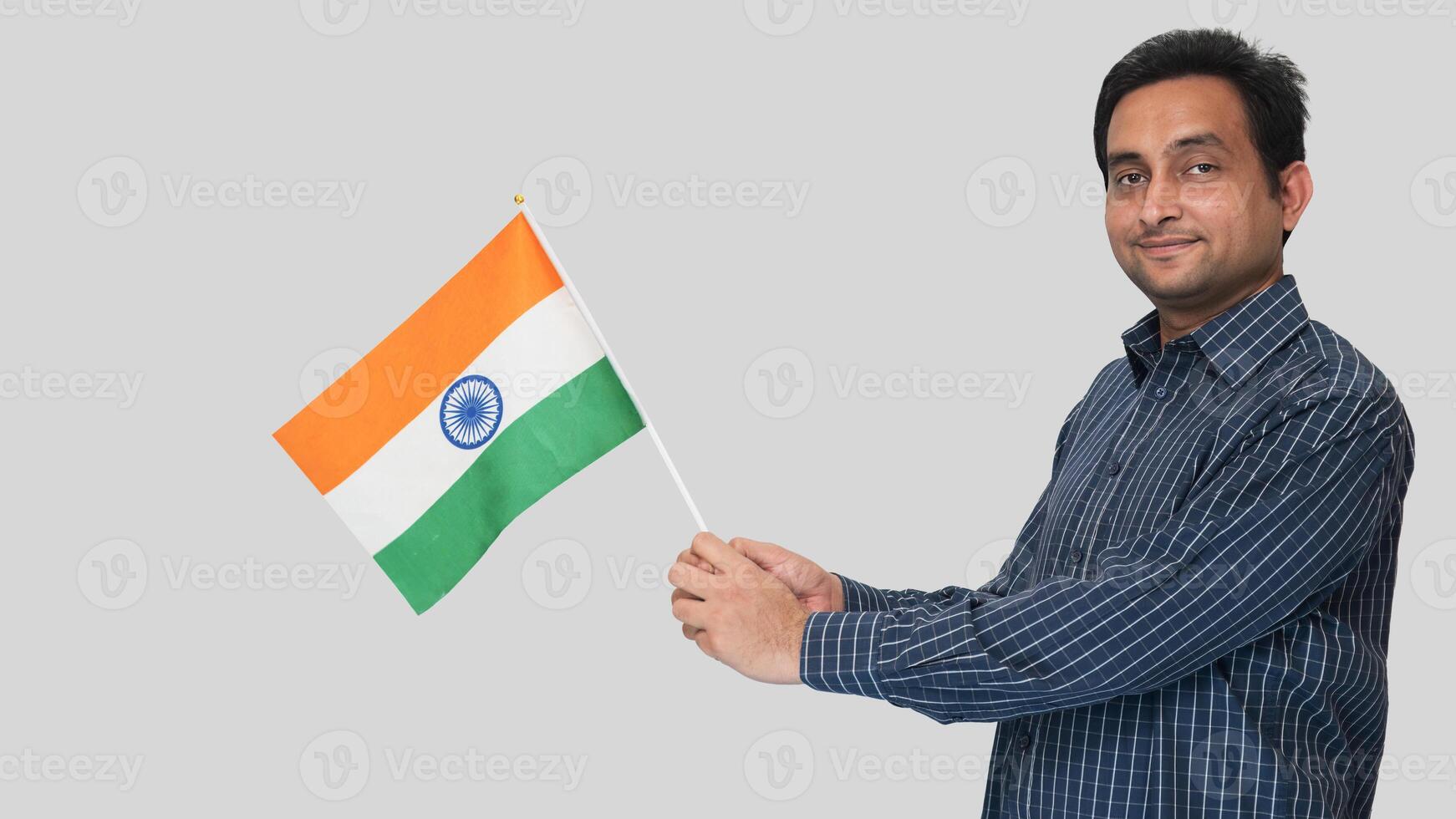 Republic Day of India, a student waved the national flag in hands with feeling. photo