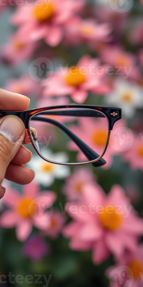 Holding stylish glasses in front of vibrant pink and orange flowers during a bright sunny day on a spring afternoon photo