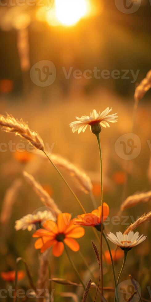 Golden hour illuminates daisies and orange flowers in a serene meadow setting photo