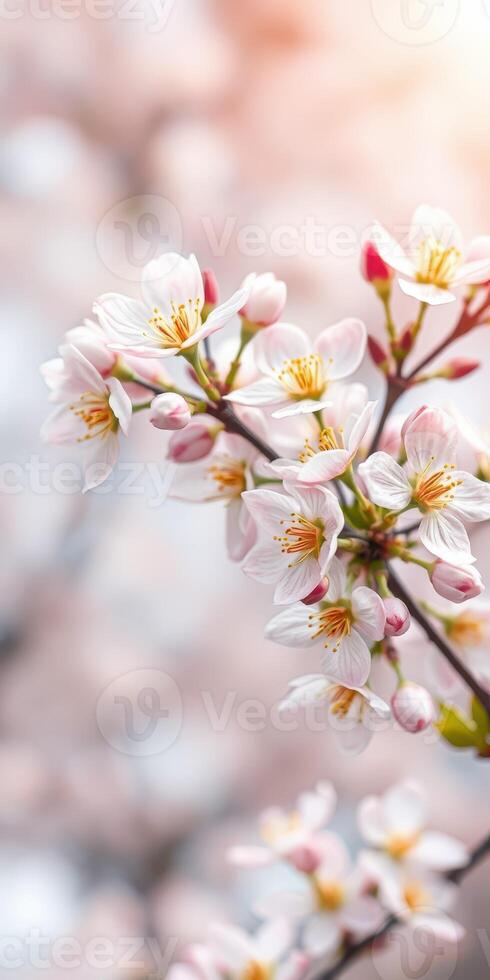 Cherry blossom branches bloom in vibrant colors during springtime in a tranquil garden setting, showcasing delicate petals and green leaves photo