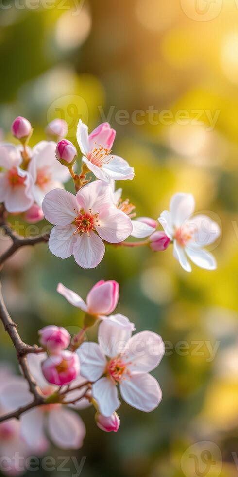 Cherry blossoms bloom in spring sunlight, showcasing delicate petals and vibrant colors in a serene garden setting photo