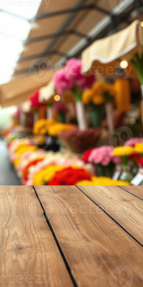 Vibrant flower market in full bloom with colorful arrangements and wooden table foreground photo