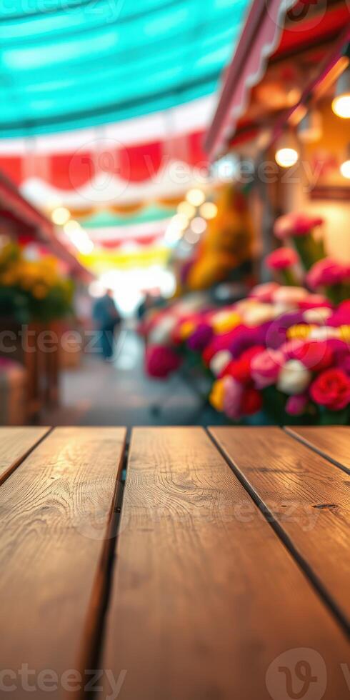 Vibrant flower market in colorful setting with wooden table in foreground during a festive afternoon photo