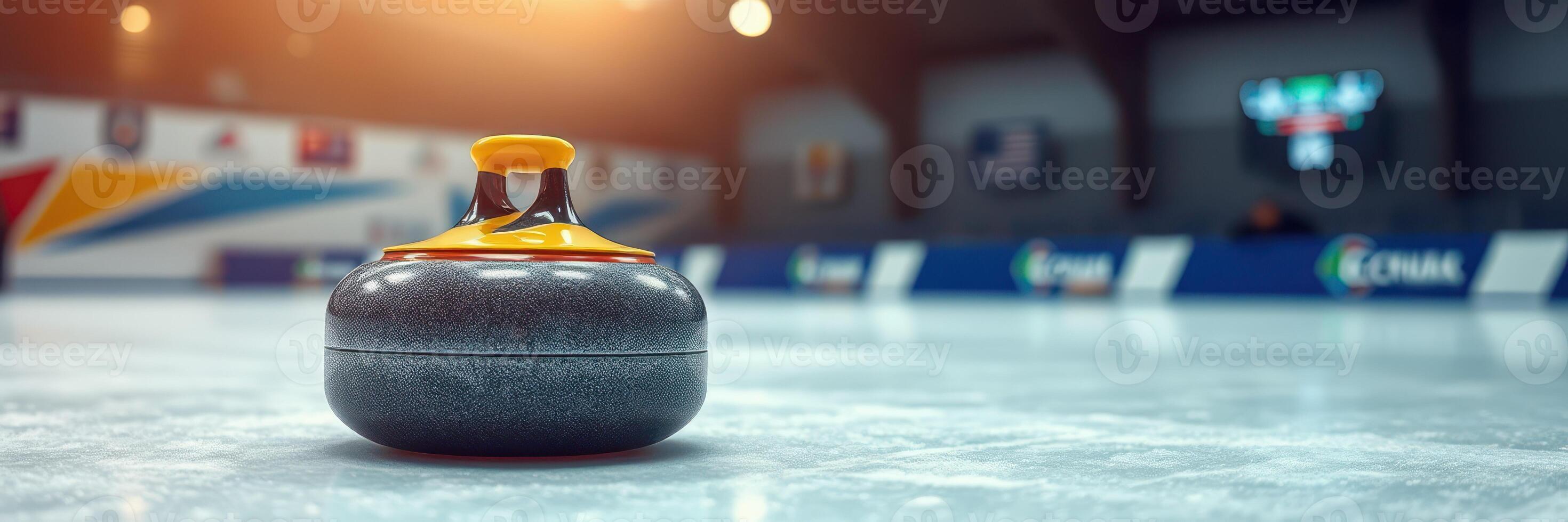 Curling stone on the ice rink during a competitive match in a modern sports arena in winter photo