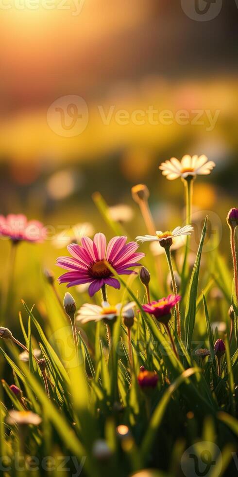 Colorful daisies blooming in a sunlit meadow during springtime showcasing nature's beauty and tranquility photo