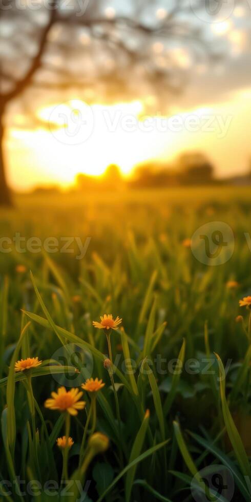 Sunset glow over a field of small flowers and grass with a warm, golden light illuminating the landscape photo