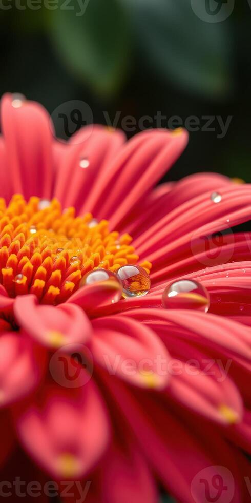 Close-up view of a vibrant pink flower with raindrops glistening in the sunlight photo