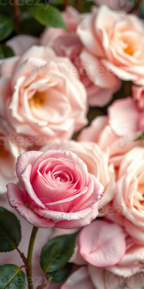 Beautiful pink roses in full bloom layered among soft pastel petals in a floral arrangement photo