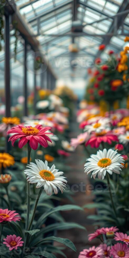 Vibrant display of blooming flowers in a greenhouse during spring season with various colors and types photo