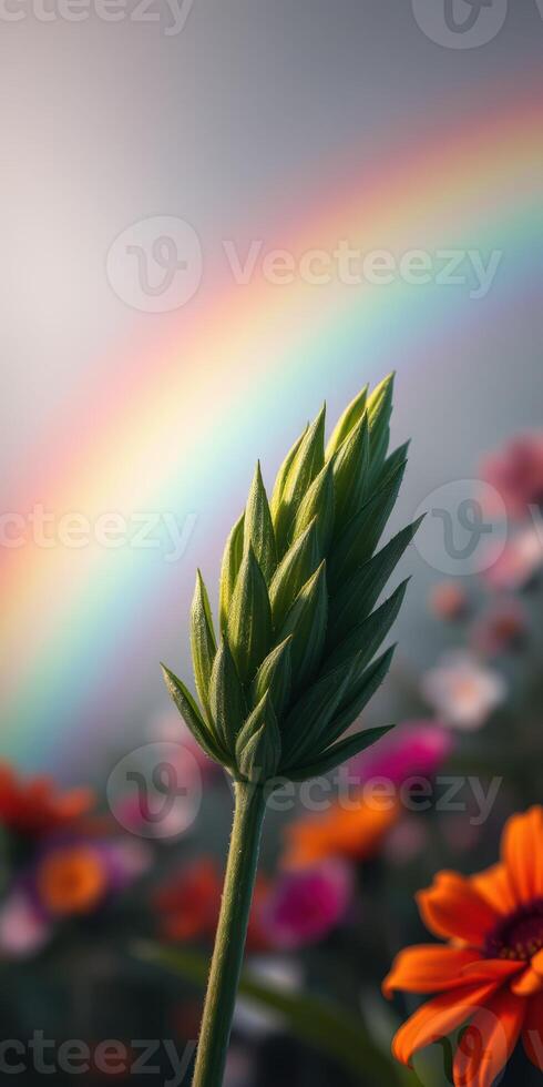 Vibrant flower bud stands tall with rainbow arching above in a colorful garden setting photo