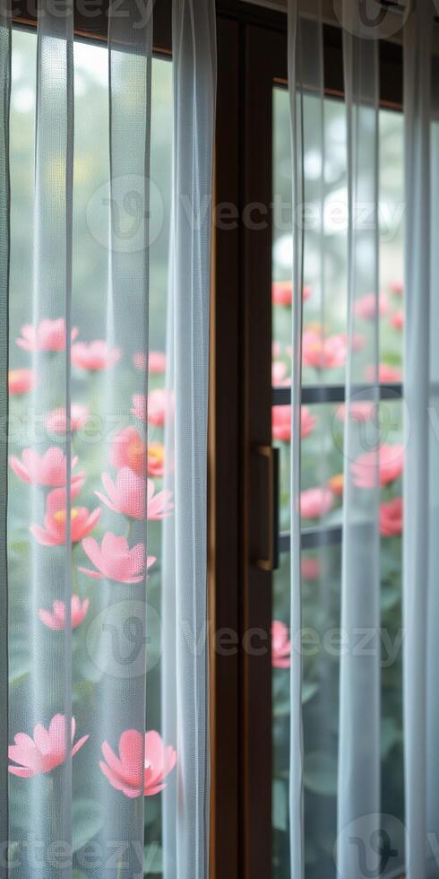 Soft curtains frame a view of blooming pink flowers behind a window during a sunny afternoon photo