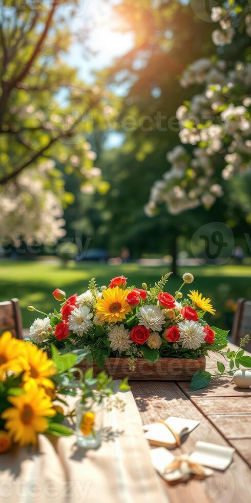 Colorful floral arrangement on a wooden table in a sunlit park during a warm spring afternoon photo