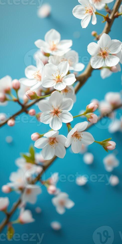 Blossoming cherry flowers against a vibrant blue background in spring photo