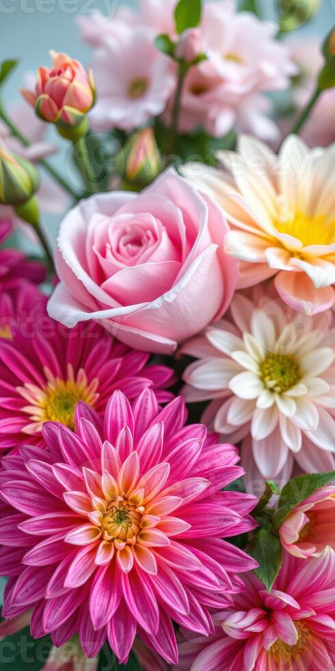 Vibrant bouquet features assorted flowers in various colors with delicate petals and lush greenery photo
