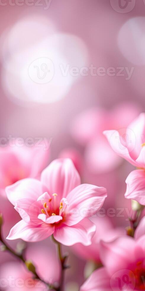 Beautiful pink flowers bloom in a soft background during springtime, capturing the essence of nature's elegance photo
