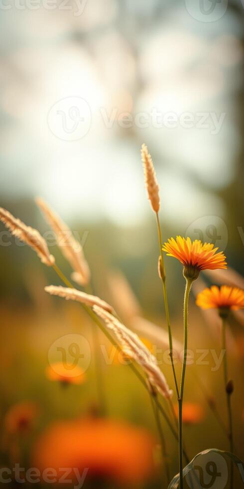 Bright yellow flowers in a sunlit field with soft focus on golden grass at golden hour photo