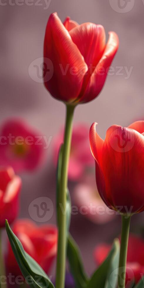 Bright red tulips bloom gracefully in a vibrant garden setting during spring season photo