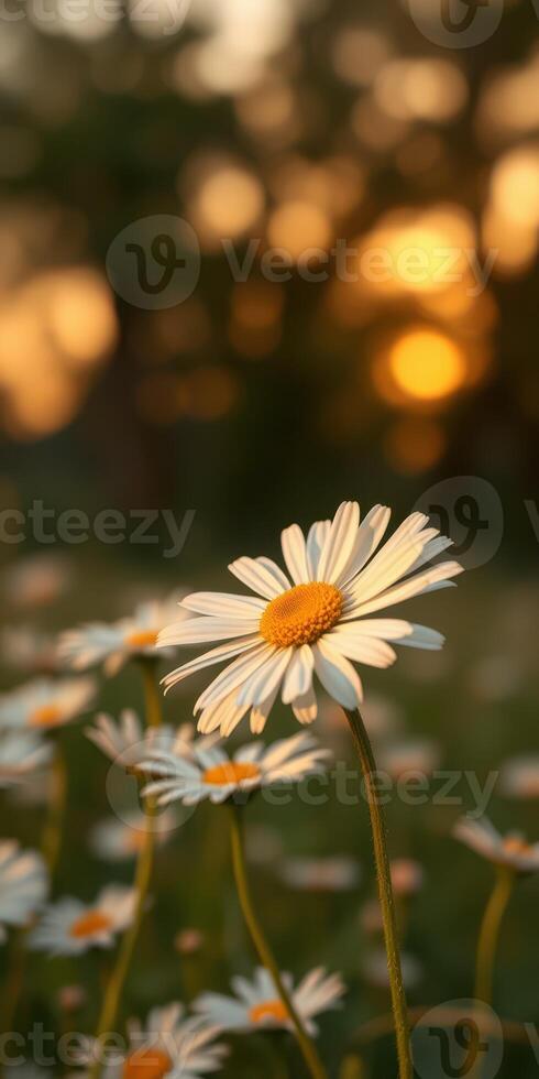Daisies bloom under a warm sunset in a peaceful meadow with golden light illuminating the soft petals photo