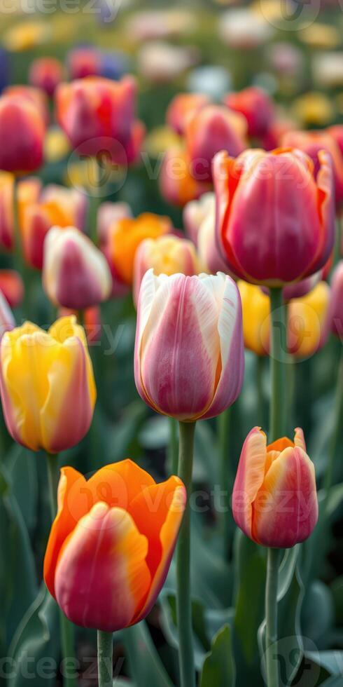Colorful tulips bloom in a vibrant spring garden showcasing various shades and patterns during the sunny afternoon photo