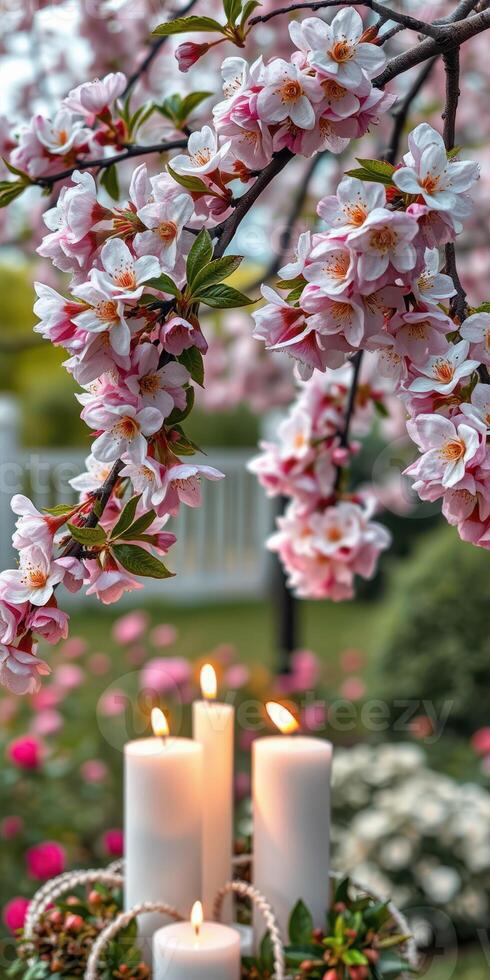 Beautiful spring blossoms framing candlelight in a serene garden setting during twilight photo