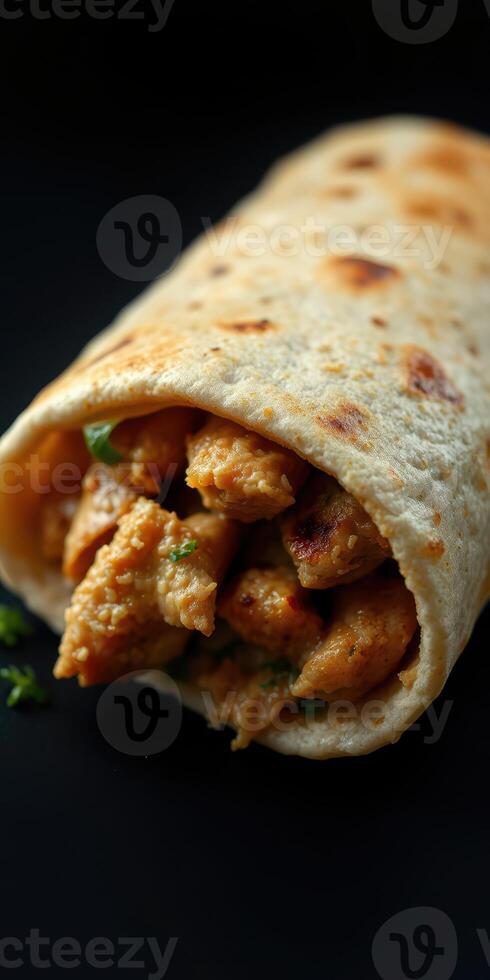 Delicious wrap filled with seasoned chicken and herbs served on a dark background photo