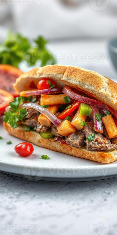 Flavorful sandwich with grilled meat, fresh vegetables, and juicy toppings served on a plate photo