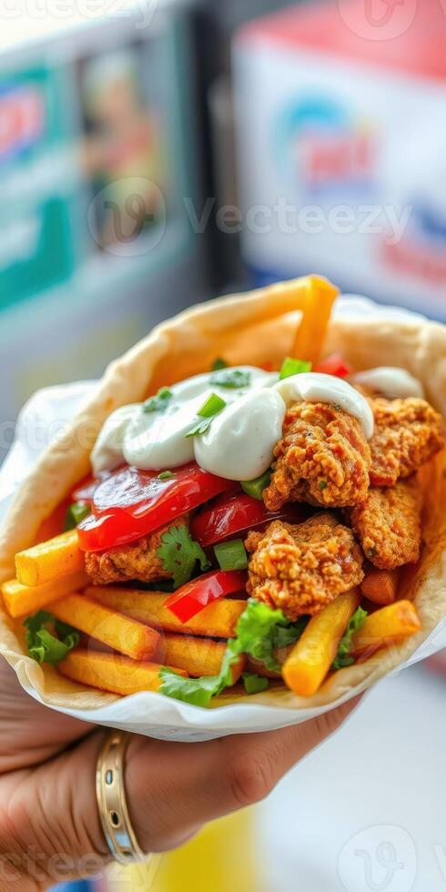 Delicious fried chicken wrap loaded with crispy fries and fresh toppings at a casual eatery photo