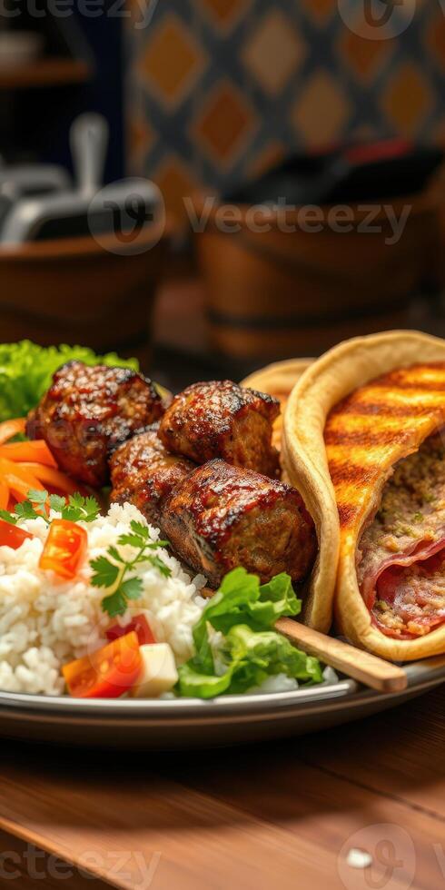 Delicious platter featuring grilled meat skewers, fresh salad, and stuffed flatbread served in a vibrant restaurant photo