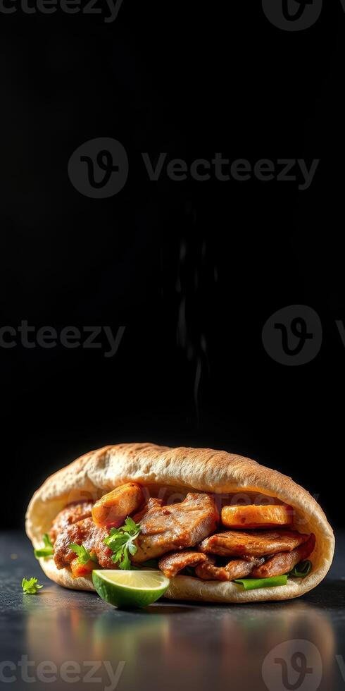 Savory grilled chicken wrap with fresh vegetables and lime slices on a dark background photo