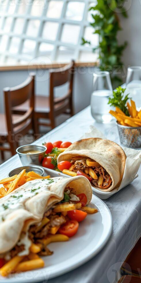 Delicious wrap with fries and fresh tomatoes served at a cozy dining spot during lunchtime photo