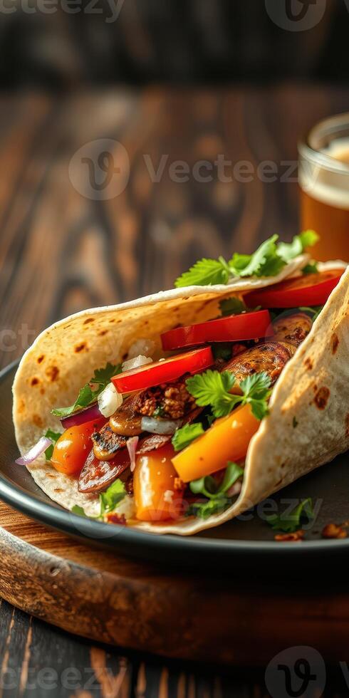 Delicious taco filled with grilled vegetables and fresh herbs served on a wooden table with a drink nearby photo