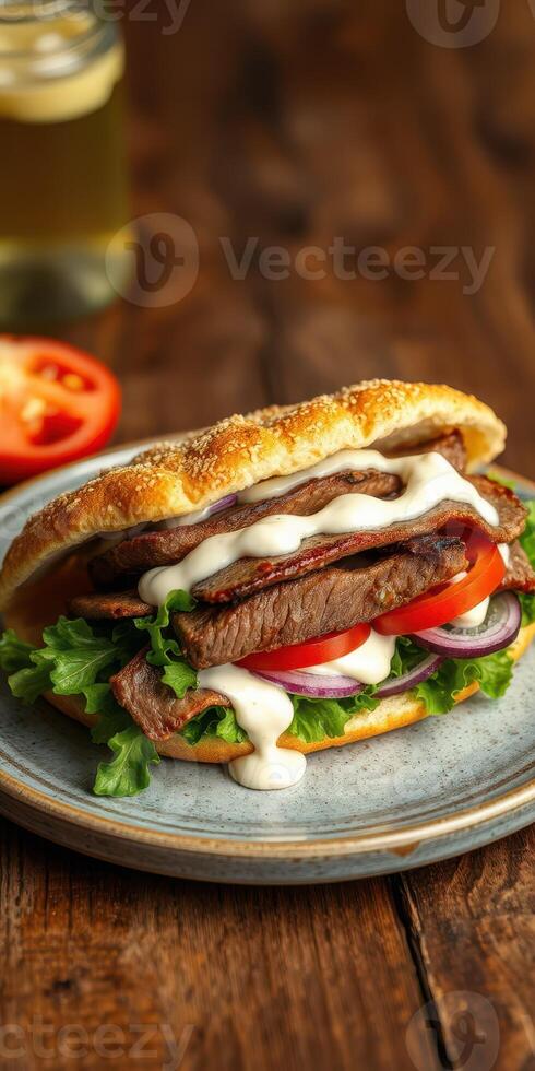 Delicious sandwich with grilled steak, fresh vegetables, and creamy sauce on a rustic wooden table photo