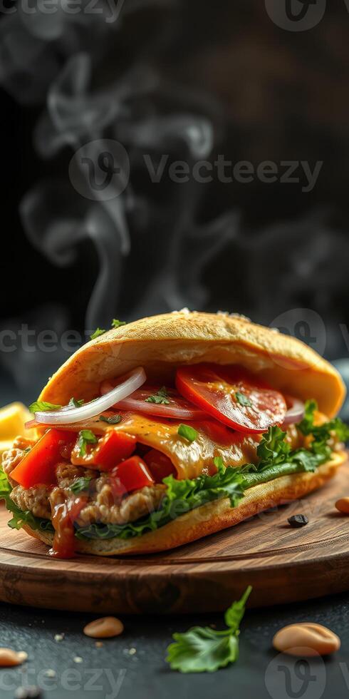 Delicious freshly made sandwich with smoked meat, vegetables, and herbs on a wooden board photo