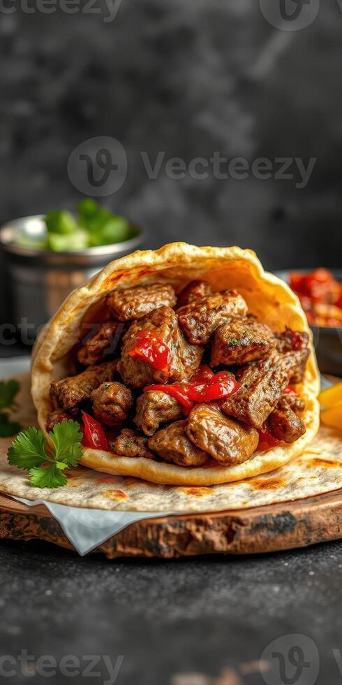 Savory grilled meat wrapped in warm flatbread with fresh toppings served on a wooden board photo
