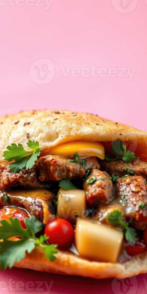 Savory stuffed flatbread with meat, vegetables, and fresh herbs on pink background photo