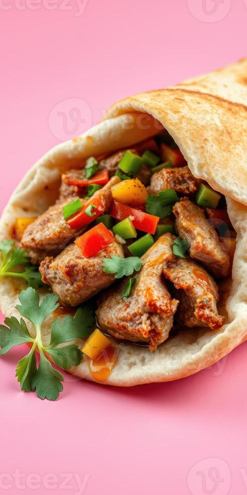 Savory meat wraps filled with colorful vegetables and herbs on a vibrant pink background photo