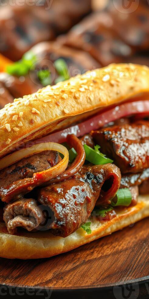 Mouthwatering grilled steak sandwich topped with fresh herbs and onions served on a toasted sesame bun photo