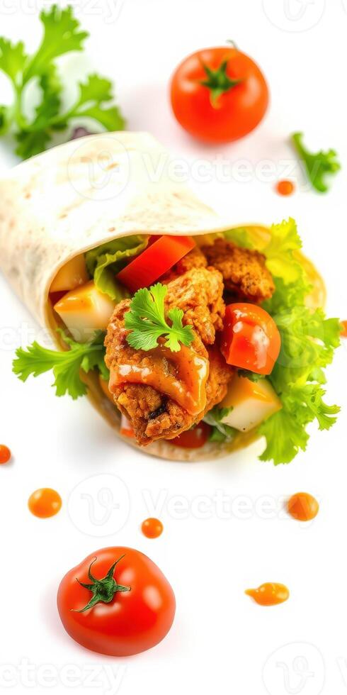 Tasty chicken wrap filled with fresh vegetables and vibrant tomatoes on white background photo