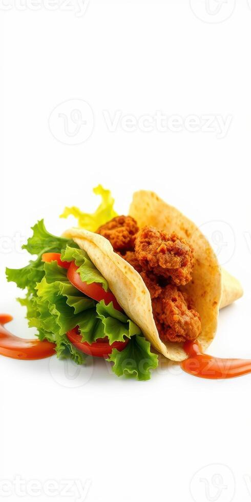 Delicious fried chicken tacos with fresh lettuce and tomato served with sauce on a white background photo