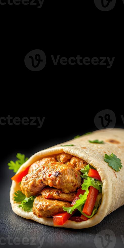 Freshly wrapped tortilla filled with grilled chicken, peppers, and herbs ready to be enjoyed at a casual dining spot photo