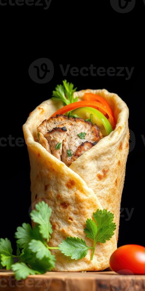 Delicious grilled chicken wrap with fresh vegetables and herbs served in a warm flatbread photo