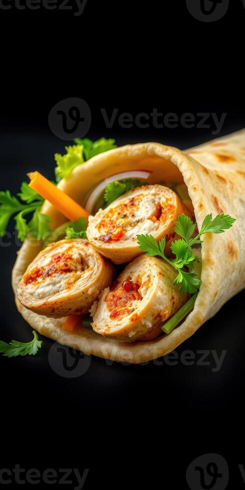 Delicious and fresh tortilla wrap filled with seasoned chicken and colorful vegetables ready to be enjoyed photo
